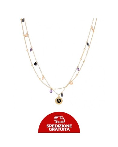 Collana 2 fili in Argento 925 giallo con cuori multicolor