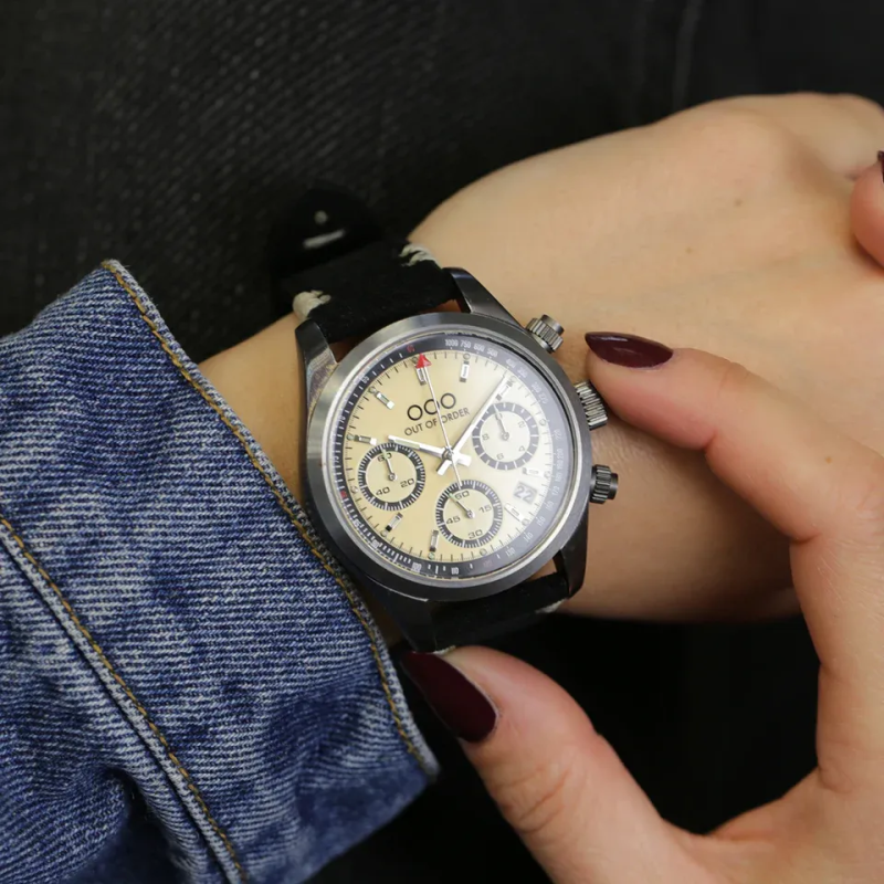 CREAM SPORTY CRONOGRAFO - BLACK LEATHER STRAP