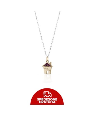 Collana in oro con ciondolo a forma di casetta e zaffiri rosa