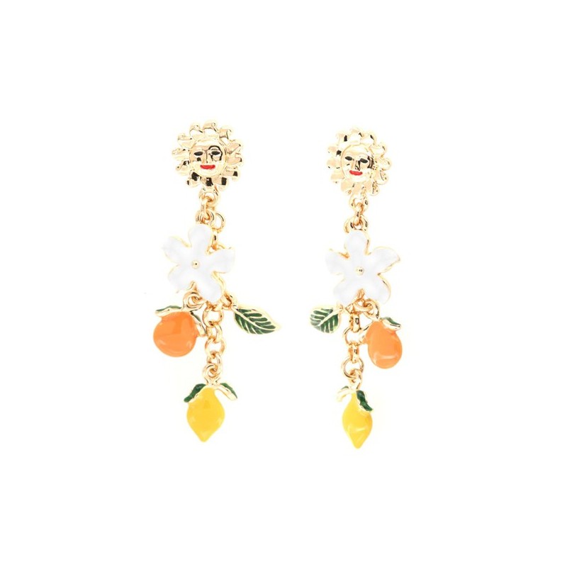 Orecchini in Metallo pendenti, con fiori ed agrumi di Sicilia impreziositi da smalti colorati
