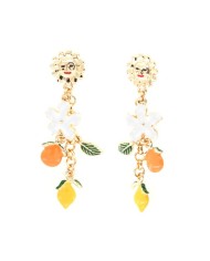 Orecchini in Metallo pendenti, con fiori ed agrumi di Sicilia impreziositi da smalti colorati