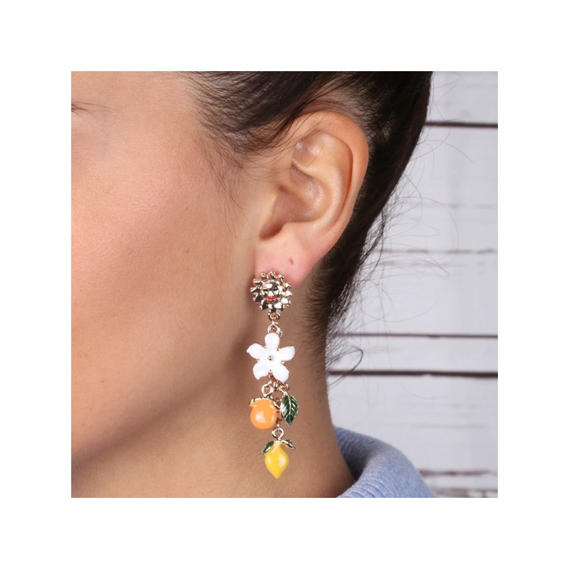 Orecchini in Metallo pendenti, con fiori ed agrumi di Sicilia impreziositi da smalti colorati