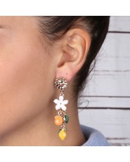 Orecchini in Metallo pendenti, con fiori ed agrumi di Sicilia impreziositi da smalti colorati