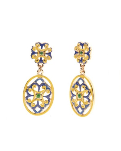 Orecchini in Metallo con maiolica a fiore smaltata blu e giallo
