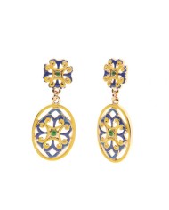 Orecchini in Metallo con maiolica a fiore smaltata blu e giallo