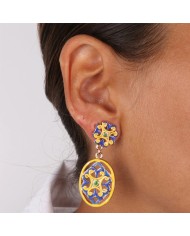 Orecchini in Metallo con maiolica a fiore smaltata blu e giallo