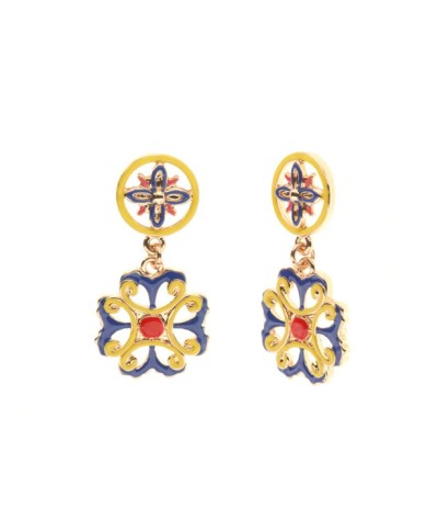 Orecchini in Metallo con maiolica a fiore smaltata blu giallo e rosso
