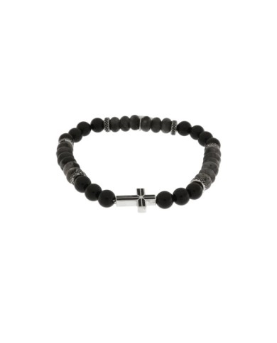 Bracciale in Acciaio con sfere nere e croce centrale in acciaio