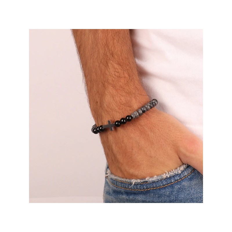 Bracciale in Acciaio con sfere nere e croce centrale in acciaio