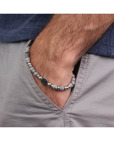 Bracciale in Acciaio con giglio centrale e sfere effetto diaspro grigio