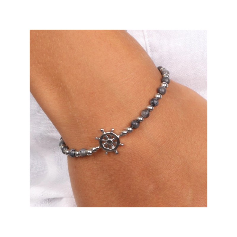 Bracciale in Acciaio con timone centrale e pietra diaspro grigio, metallo