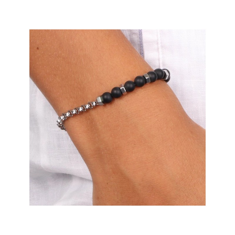 Bracciale in Acciaio con catena rollò e pietra onice nero satinata