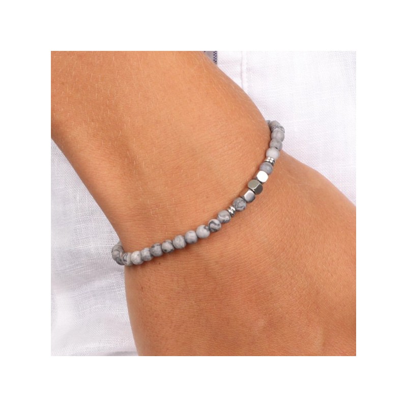Bracciale in Acciaio con pietra diaspro grigio e cubetti in metallo
