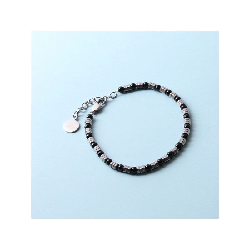 Bracciale in Acciaio con pietra onice nero e cilindri in metallo