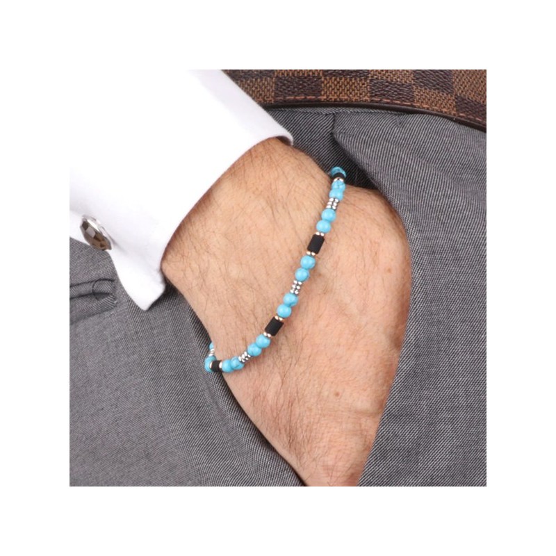 Bracciale in Acciaio con pietra turchese e onice nero