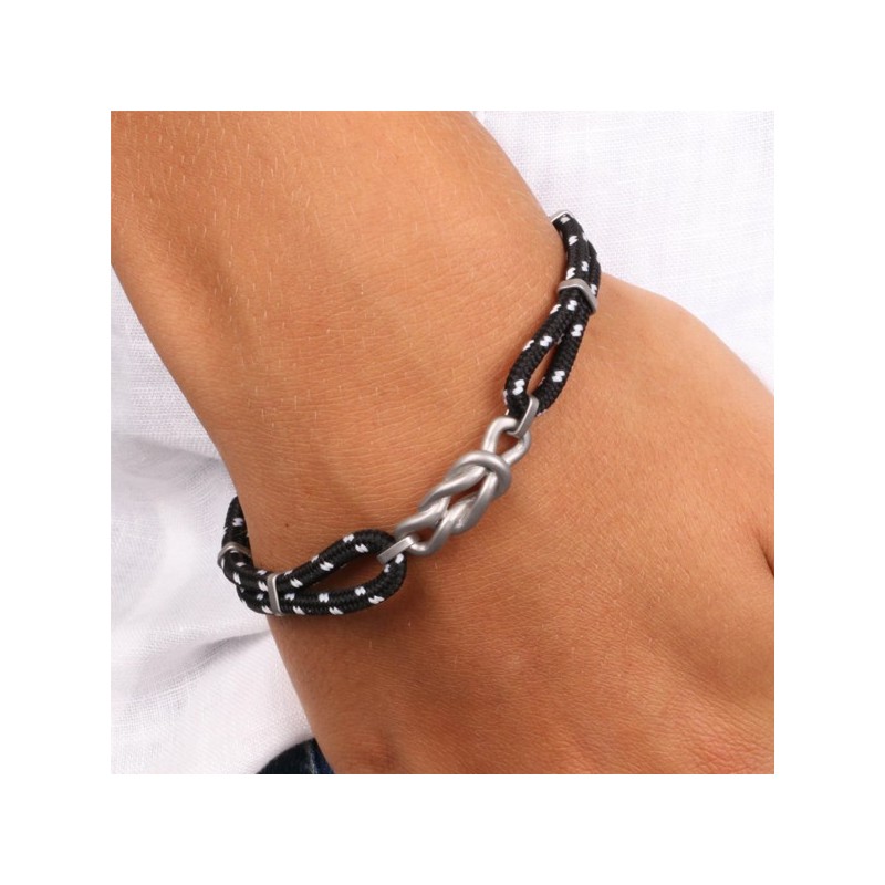 Bracciale in Acciaio con nodo nautico centrale di tessuto nero e bianco