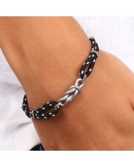 Bracciale in Acciaio con nodo nautico centrale di tessuto nero e bianco