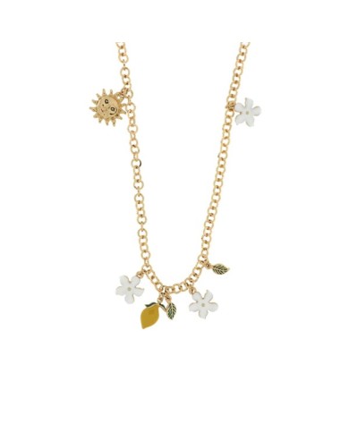 Collana in Metallo maglia rolò, con charms fiori e agrumi di Sicilia, impreziosita da smalti colorati