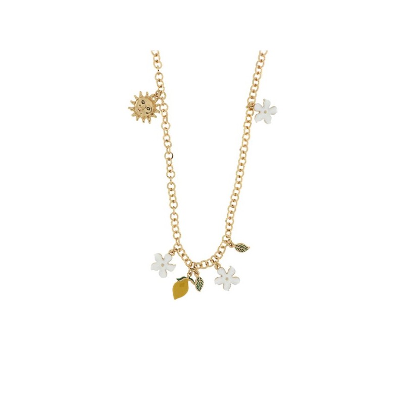 Collana in Metallo maglia rolò, con charms fiori e agrumi di Sicilia, impreziosita da smalti colorati