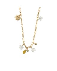 Collana in Metallo maglia rolò, con charms fiori e agrumi di Sicilia, impreziosita da smalti colorati