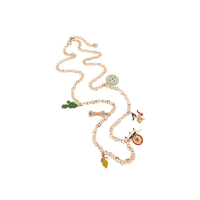 Collana in Metallo con charm siciliani, coffa, corno portafortuna, cassata