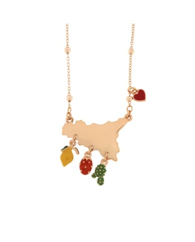 Collana in Metallo con ciondolo Sicilia, limone, fico d&#8217;india e cuore