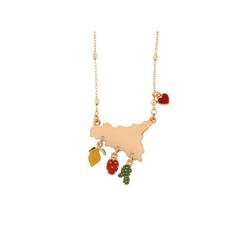 Collana in Metallo con ciondolo Sicilia, limone, fico d&#8217;india e cuore