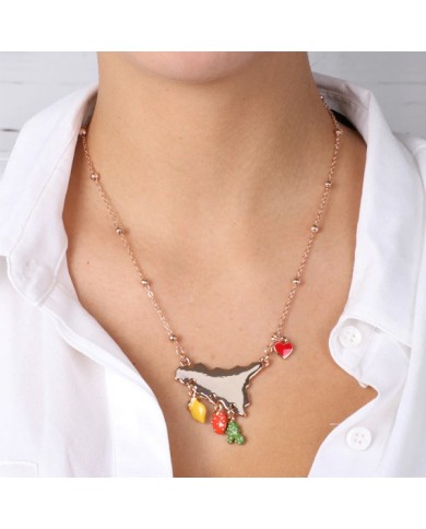 Collana in Metallo con ciondolo Sicilia, limone, fico d&#8217;india e cuore