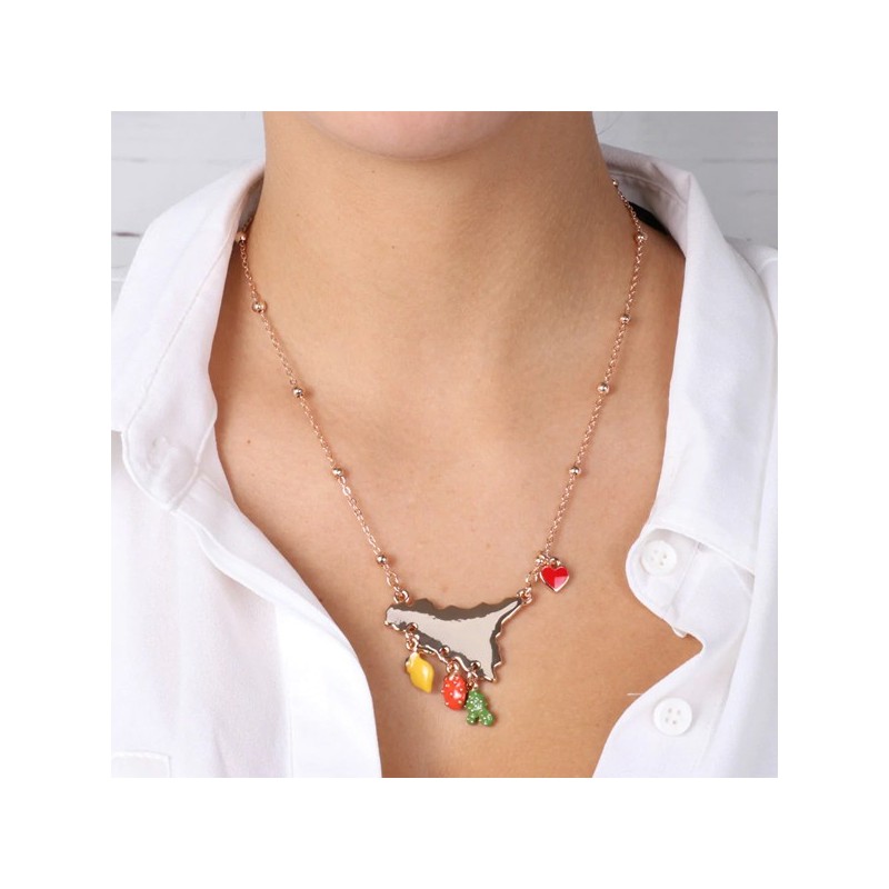 Collana in Metallo con ciondolo Sicilia, limone, fico d&#8217;india e cuore