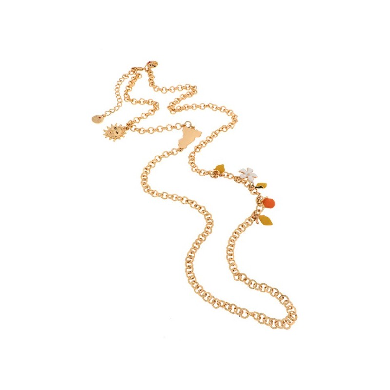 Collana in Metallo maglia rolò, con charm pendenti agrumi di Sicilia impreziositi da smalti colorati