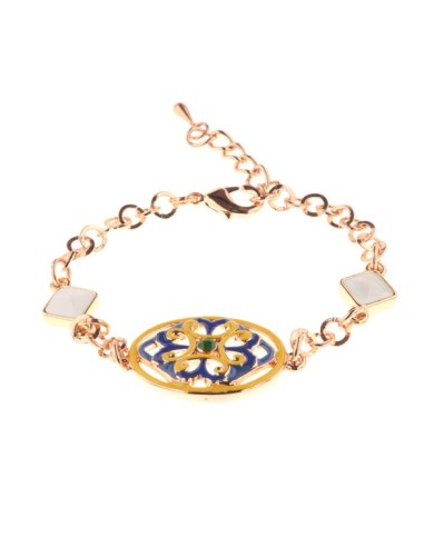 Bracciale in Metallo cristalli bianchi con dettaglio centrale in maiolica a fiore smaltata blu e giallo