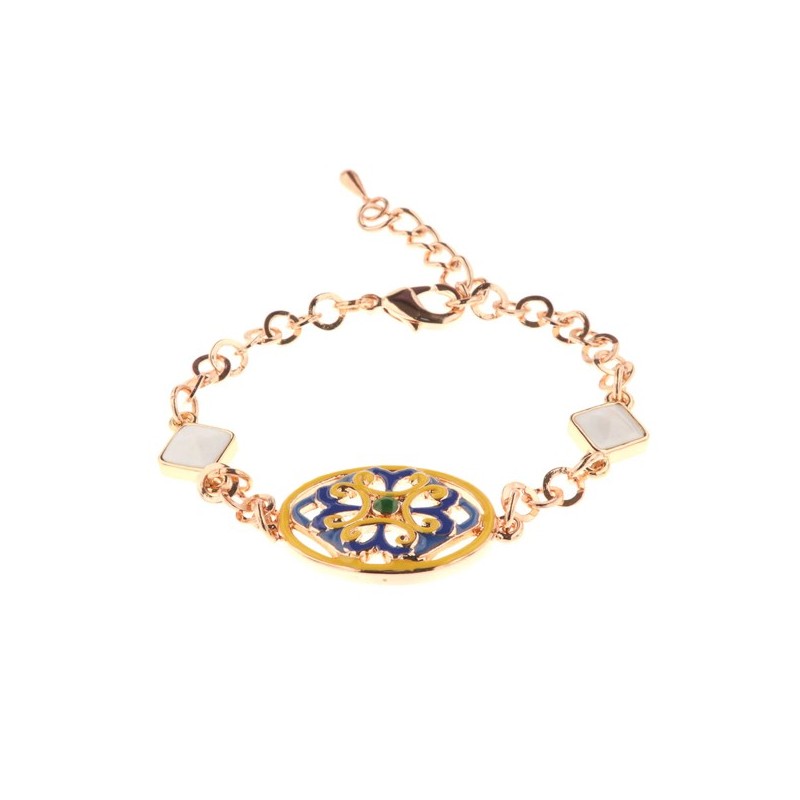 Bracciale in Metallo cristalli bianchi con dettaglio centrale in maiolica a fiore smaltata blu e giallo