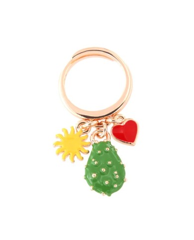 Anello in Metallo con charms fico d&#8217;india, sole e cuore, impreziositi da smalti colorati