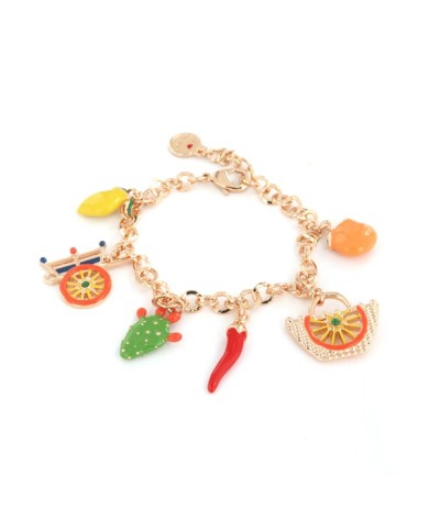 Bracciale in Metallo con charm siciliani, carretto, coffa, fico d&#8217;india, corno portafortuna