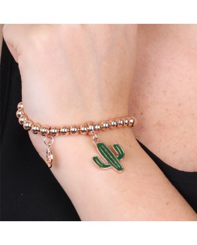 Bracciale in Metallo maglia a sfere, con cactus pendente impreziosito da smalto verde