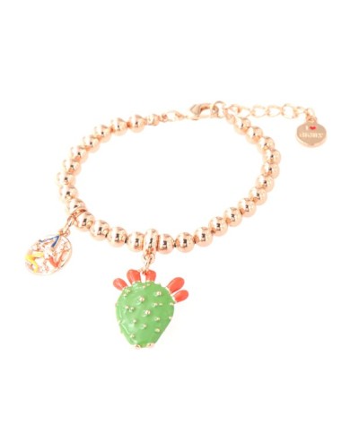 Bracciale in Metallo maglia a sfere, con fico d&#8217;india pendente, impreziosito da smalto verde e punte di smalto rosso