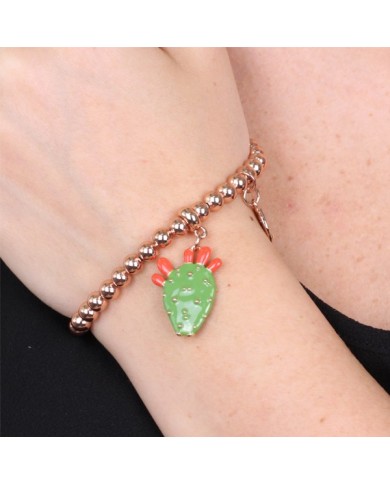 Bracciale in Metallo maglia a sfere, con fico d&#8217;india pendente, impreziosito da smalto verde e punte di smalto rosso