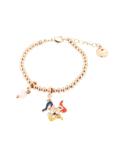 Bracciale in Metallo maglia a sfere piccole, con trinacria impreziosita da smalti e perlina rosa, pendenti