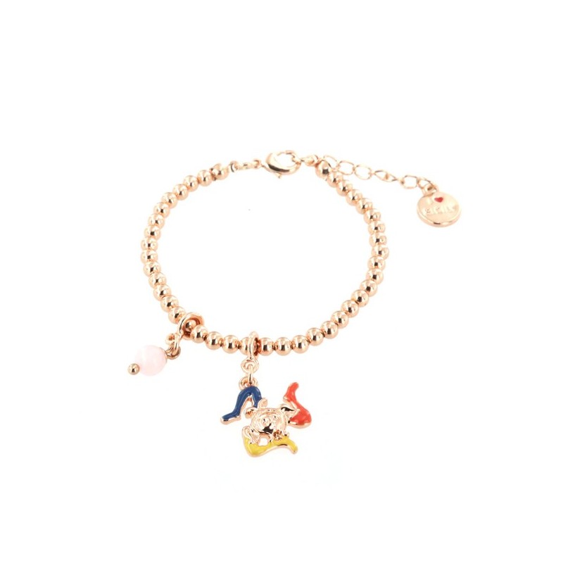 Bracciale in Metallo maglia a sfere piccole, con trinacria impreziosita da smalti e perlina rosa, pendenti