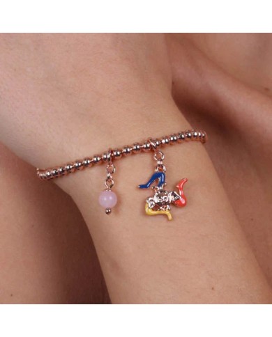 Bracciale in Metallo maglia a sfere piccole, con trinacria impreziosita da smalti e perlina rosa, pendenti