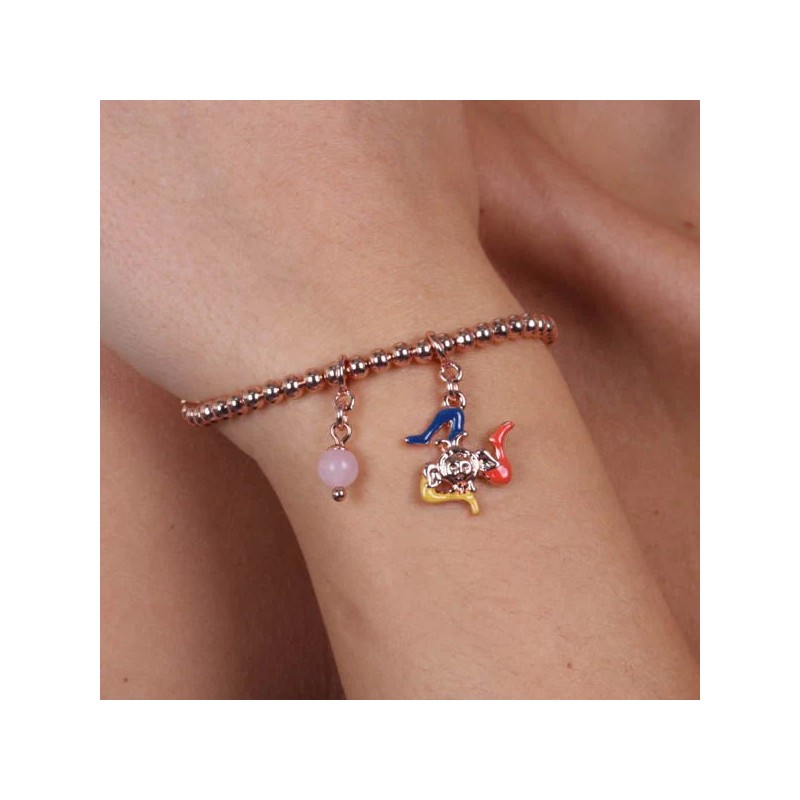 Bracciale in Metallo maglia a sfere piccole, con trinacria impreziosita da smalti e perlina rosa, pendenti