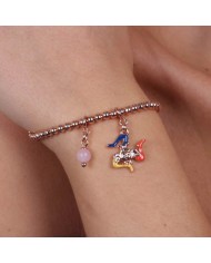 Bracciale in Metallo maglia a sfere piccole, con trinacria impreziosita da smalti e perlina rosa, pendenti