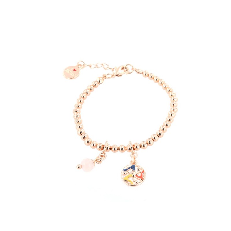 Bracciale in Metallo maglia a sfere piccole, con trinacria impreziosita da smalti e perlina rosa, pendenti