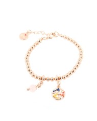 Bracciale in Metallo maglia a sfere piccole, con trinacria impreziosita da smalti e perlina rosa, pendenti