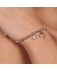 Bracciale in Metallo maglia a sfere piccole, con trinacria impreziosita da smalti e perlina rosa, pendenti