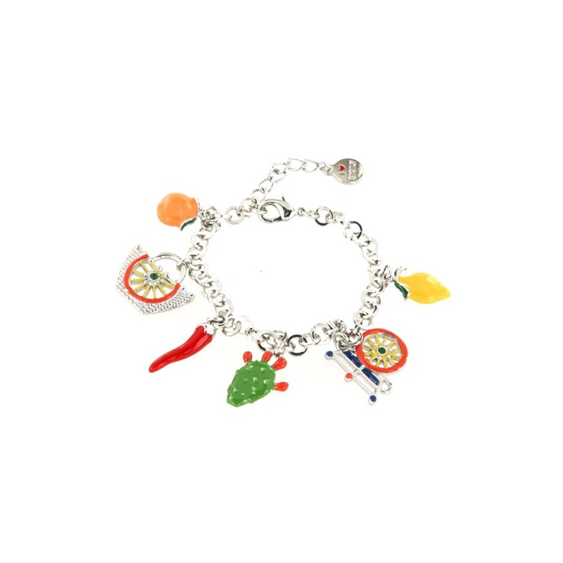 Bracciale in Metallo con charm siciliani, carretto, coffa, fico d&#8217;india, corno portafortuna