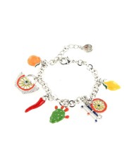 Bracciale in Metallo con charm siciliani, carretto, coffa, fico d&#8217;india, corno portafortuna