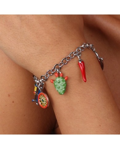 Bracciale in Metallo con charm siciliani, carretto, coffa, fico d&#8217;india, corno portafortuna