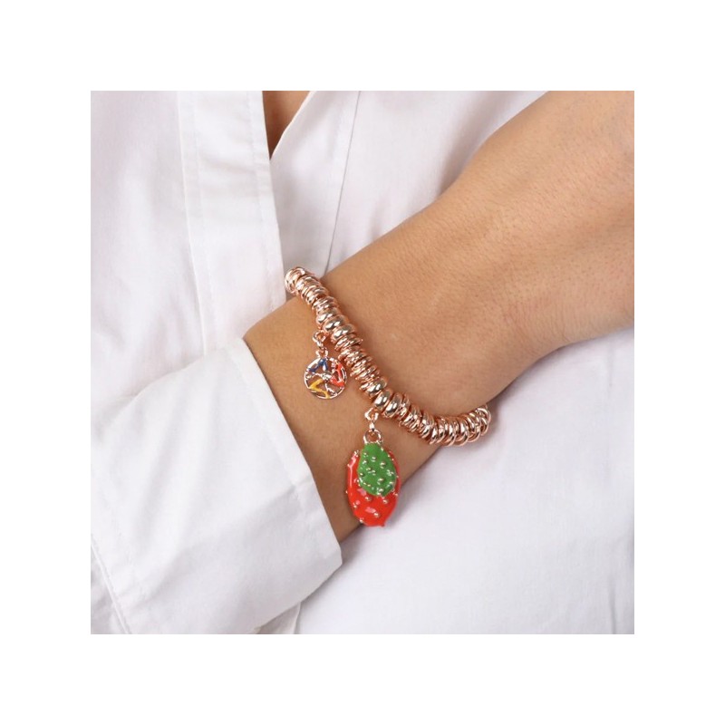Bracciale in Metallo maglia ad anelli con fichi d&#8217;india pendenti, impreziositi da smalti colorati