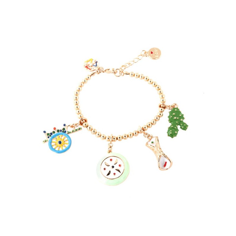 Bracciale in Metallo con charms siciliani, carretto, fico d&#8217;india, cassata e cannolo